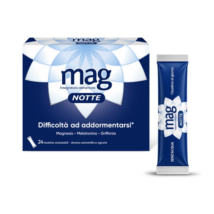 Mag Notte Integratore Per Rilassamento e Sonno Con Magnesio 24 Bustine Gusto Agrumi e Camomilla Mag Notte Integratore Per Rilassamento e Sonno Con Magnesio 24 Bustine Gusto Agrumi e Camomilla