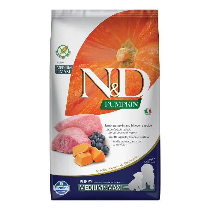 Farmina Cane N&D Pumpkin Puppy Medium&Maxi Agnello, Zucca & Mirtillo 2,5 Kg Farmina Cane N&D Pumpkin Puppy Medium&Maxi Agnello, Zucca & Mirtillo 2,5 Kg