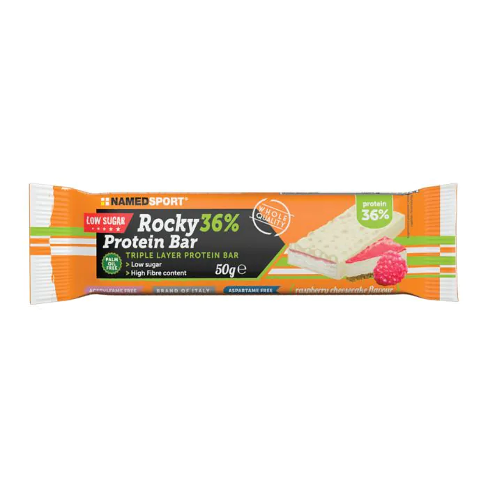 Rocky 36% protein bar raspberry cheesecake barretta 50 g Rocky 36% protein bar raspberry cheesecake barretta 50 g