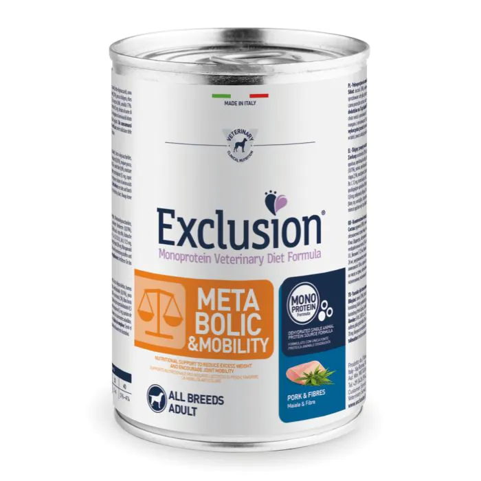 Exclusion Cane Diet Metabolic & Mobility Adulto All Breeds Maiale & Fibre Lattina 400 Gr Exclusion Cane Diet Metabolic & Mobility Adulto All Breeds Maiale & Fibre Lattina 400 Gr