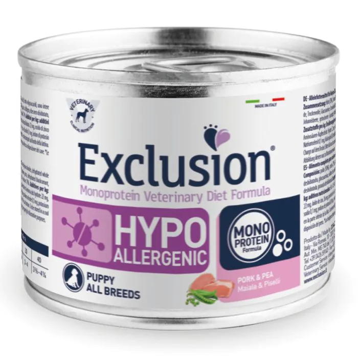 Exclusion Cane Diet Hypoallergenic Puppy All Breeds Maiale & Piselli Lattina 200 Gr