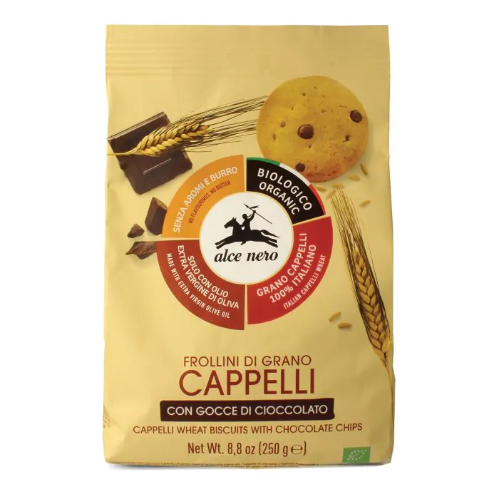 Frollino di grano cappelli con gocce di cioccolato bio 250 g Frollino di grano cappelli con gocce di cioccolato bio 250 g