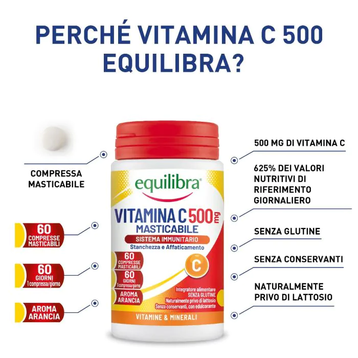 Equilibra Vitamina C 500 Integratore Sistema Immunitario 60 Compresse Masticabili