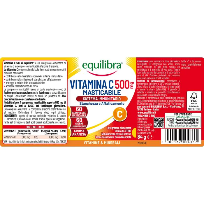 Equilibra Vitamina C 500 Integratore Sistema Immunitario 60 Compresse Masticabili