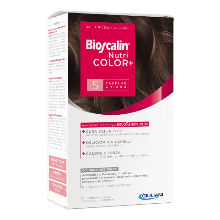 Bioscalin nutricolor plus 5 castano chiaro crema colorante 40 ml + rivelatore crema 60 ml + shampoo 12 ml + trattamento finale balsamo 12 ml Bioscalin nutricolor plus 5 castano chiaro crema colorante 40 ml + rivelatore crema 60 ml + shampoo 12 ml + trattamento finale balsamo 12 ml
