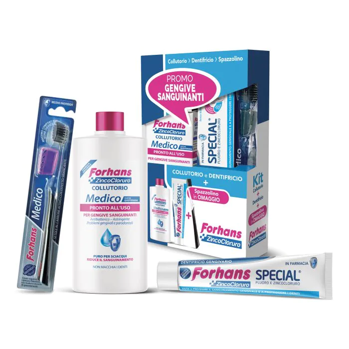 Forhans kit gengive sanguinanti 1 forhans collutorio medico 250 ml + 1 forhans dentifricio special 75 ml + 1 forhans spazzolino medico in omaggio