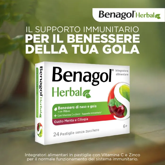 Benagol Herbal Supporto Immunitario Integratore Gusto Menta e Ciliegia 24 Pastiglie