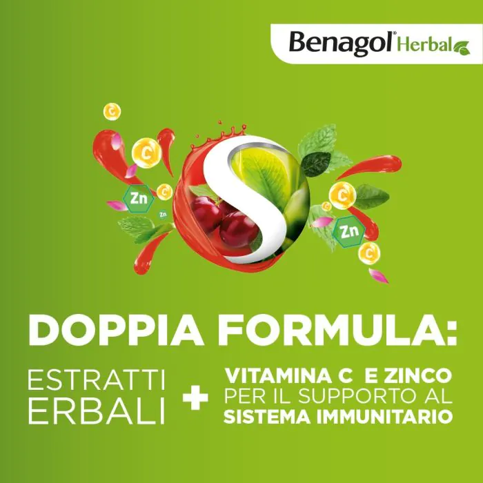 Benagol Herbal Supporto Immunitario Integratore Gusto Menta e Ciliegia 24 Pastiglie