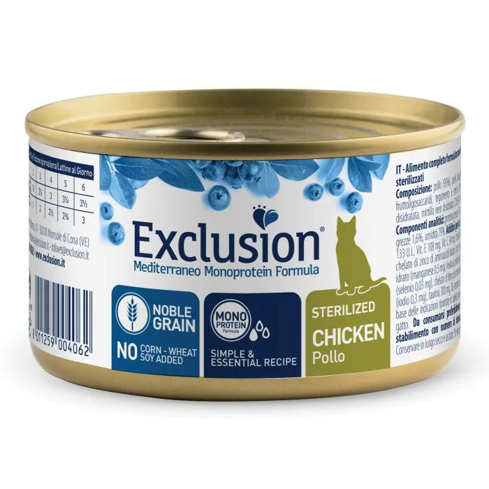 Exclusion Gatto Mediterraneo Adulto Sterilizzato Pollo Lattina 85 Gr Exclusion Gatto Mediterraneo Adulto Sterilizzato Pollo Lattina 85 Gr