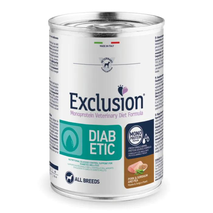 Exclusion Cane Diet Diabetic Adulto All Breeds Maiale, Sorgo & Piselli Lattina 400 Gr Exclusion Cane Diet Diabetic Adulto All Breeds Maiale, Sorgo & Piselli Lattina 400 Gr