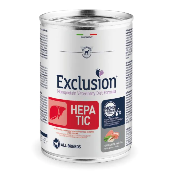 Exclusion Cane Diet Hepatic Adulto All Breeds Maiale, Riso & Piselli Lattina 400 Gr Exclusion Cane Diet Hepatic Adulto All Breeds Maiale, Riso & Piselli Lattina 400 Gr