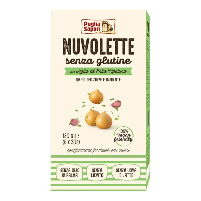 Puglia sapori nuvolette con aglio ed erba cipollina 6 bustine x 30 g Puglia sapori nuvolette con aglio ed erba cipollina 6 bustine x 30 g