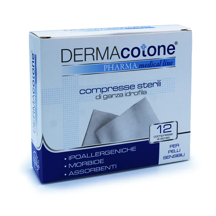 Garza idrofila compressa dermacotone 4 strati 7,5x7,5cm 12 pezzi Garza idrofila compressa dermacotone 4 strati 7,5x7,5cm 12 pezzi