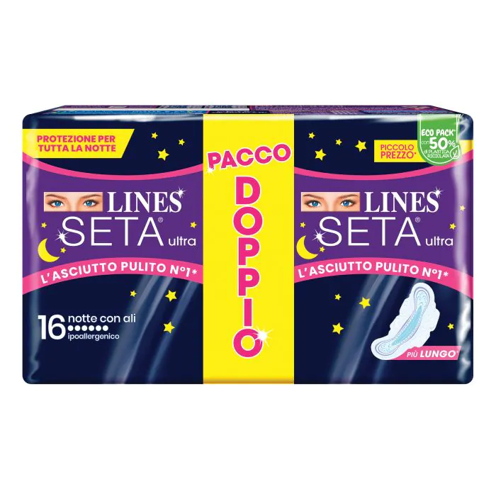 Lines Seta Ultra Notte Assorbenti Con Ali 16 Pezzi Pacco Doppio