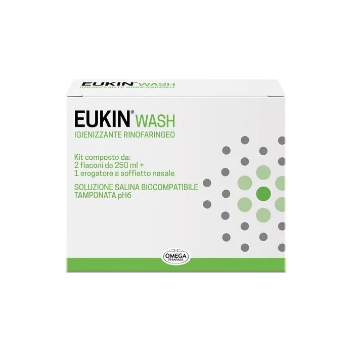 Eukin wash igienizzante rinofaringeo kit 2 flaconi da 250 ml + erogatore a soffietto nasale Eukin wash igienizzante rinofaringeo kit 2 flaconi da 250 ml + erogatore a soffietto nasale
