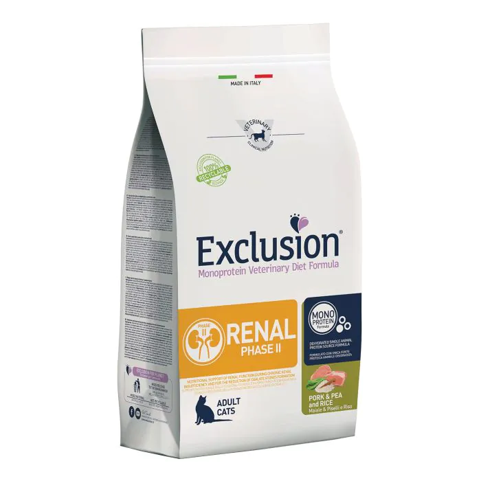 Exclusion Gatto Diet Renal Fase 2 Adulto Maiale, Piselli & Riso 300 Gr Exclusion Gatto Diet Renal Fase 2 Adulto Maiale, Piselli & Riso 300 Gr