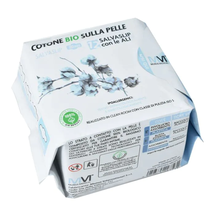 Munus medical proteggi slip con ali cotone bio sulla pelle 12 pezzi Munus medical proteggi slip con ali cotone bio sulla pelle 12 pezzi