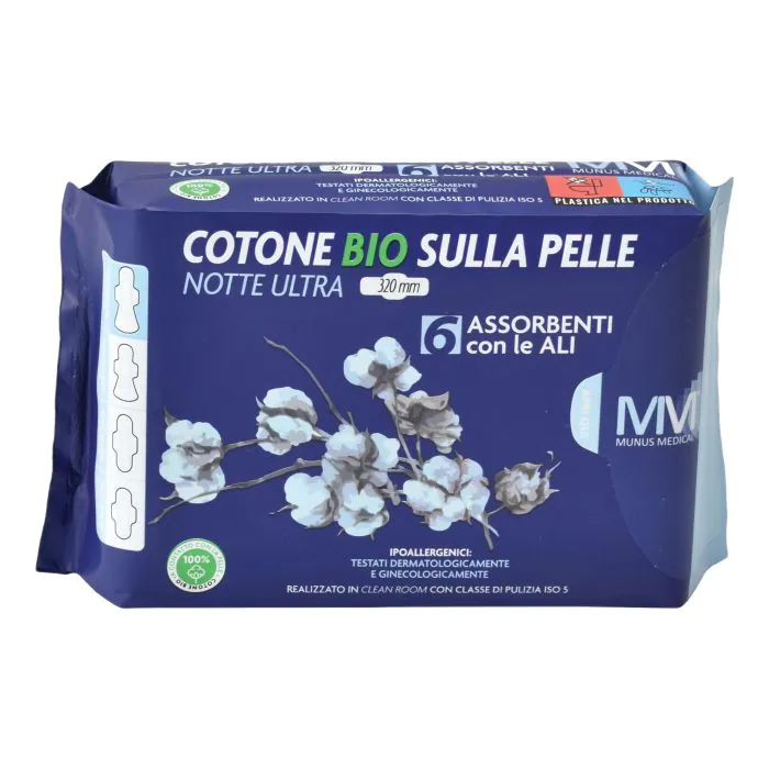 Munus medical assorbente notte ultra con ali cotone bio sulla pelle 320 mm 6 pezzi Munus medical assorbente notte ultra con ali cotone bio sulla pelle 320 mm 6 pezzi