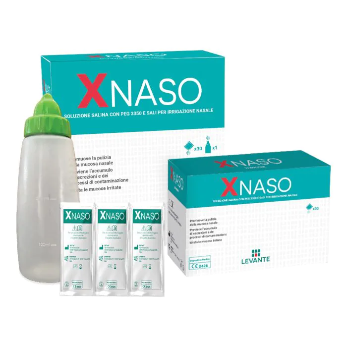 Soluzione salina con peg 3350 e sali per irrigazione nasale xnaso 30 bustine + 1 erogatore Soluzione salina con peg 3350 e sali per irrigazione nasale xnaso 30 bustine + 1 erogatore