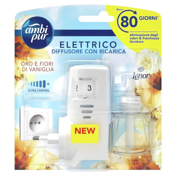 AMBI PUR - Starter Kit - Diffusore Elettrico Mono Per Ambienti Ai Fiori Di Vaniglia E Oro Da 20 Ml AMBI PUR - Starter Kit - Diffusore Elettrico Mono Per Ambienti Ai Fiori Di Vaniglia E Oro Da 20 Ml
