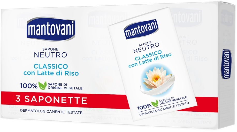 MANTOVANI - Sapone Neutro - Classico con Latte di Riso - 3 Saponette da 90 g