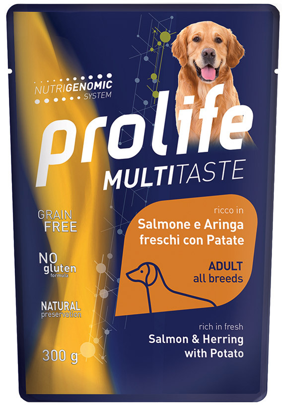 Prolife Cane Multitaste Adulto Salmone, Aringa &amp; Patate Busta 300 Gr