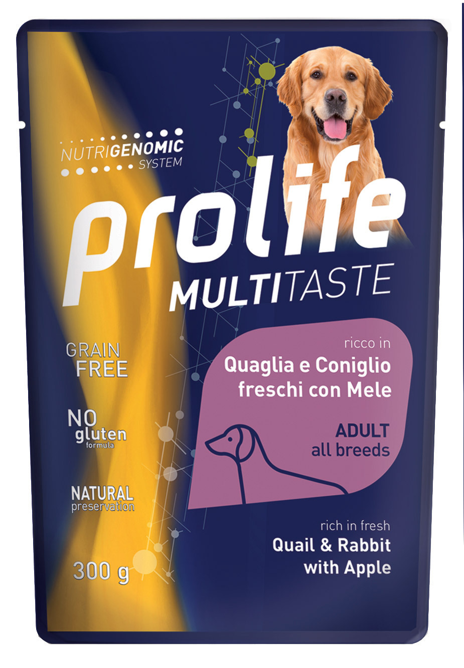 Prolife Cane Multitaste Adulto Quaglia, Coniglio &amp; Mela Busta 300 Gr