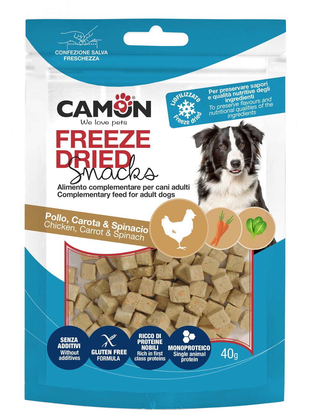Camon Cane Snack Dadini Liofilizzati Con Pollo, Carote &amp; Spinaci 40 Gr