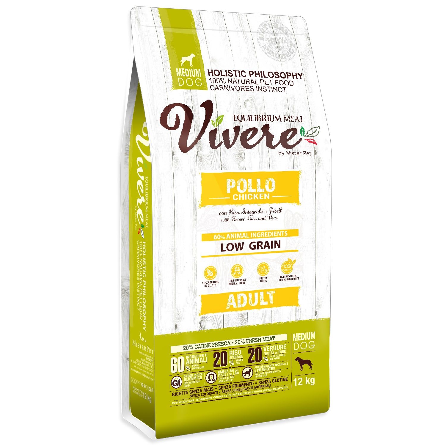 Vivere Cane Adulto Medium Pollo, Riso Integrale &amp; Piselli 12 Kg
