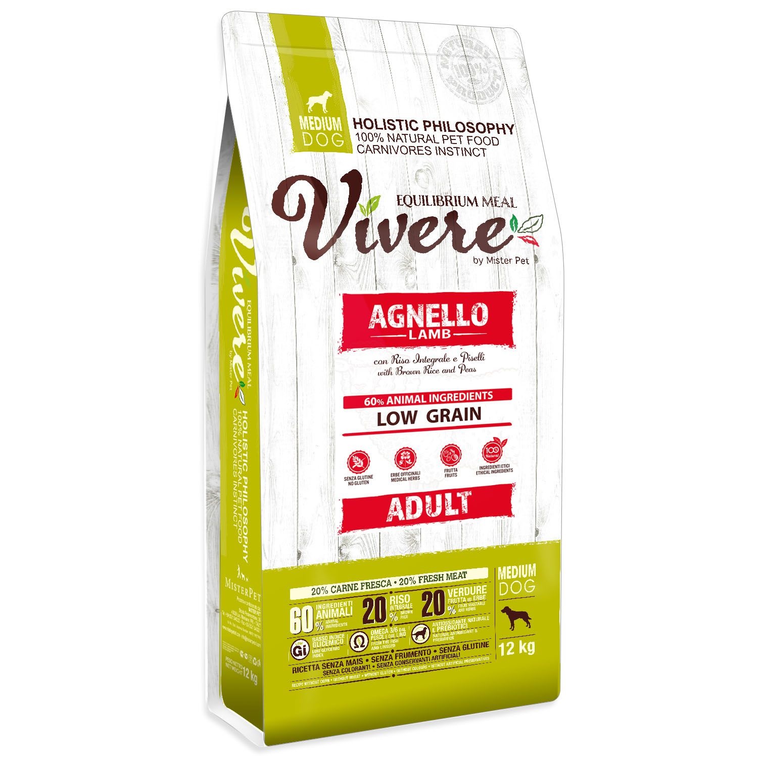 Vivere Cane Adulto Medium Agnello, Riso Integrale &amp; Piselli 12 Kg
