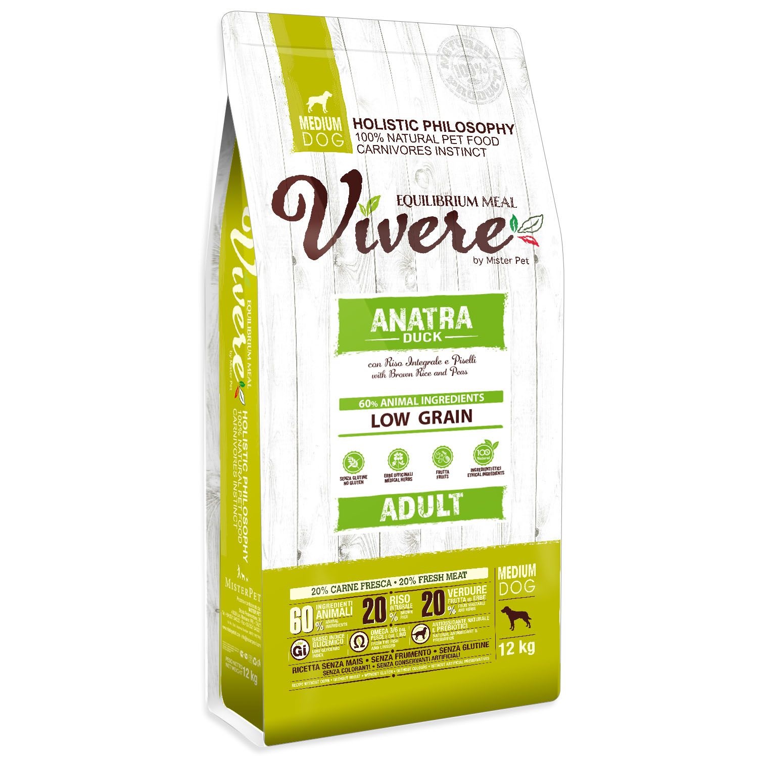 Vivere Cane Adulto Medium Anatra, Riso Integrale &amp; Piselli 12 Kg