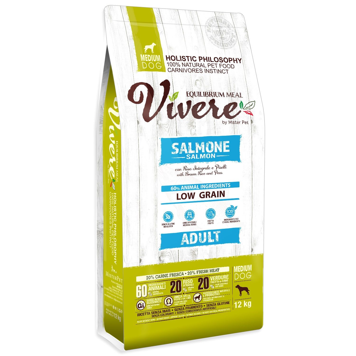 Vivere Cane Adulto Medium Salmone, Riso Integrale &amp; Piselli 12 Kg