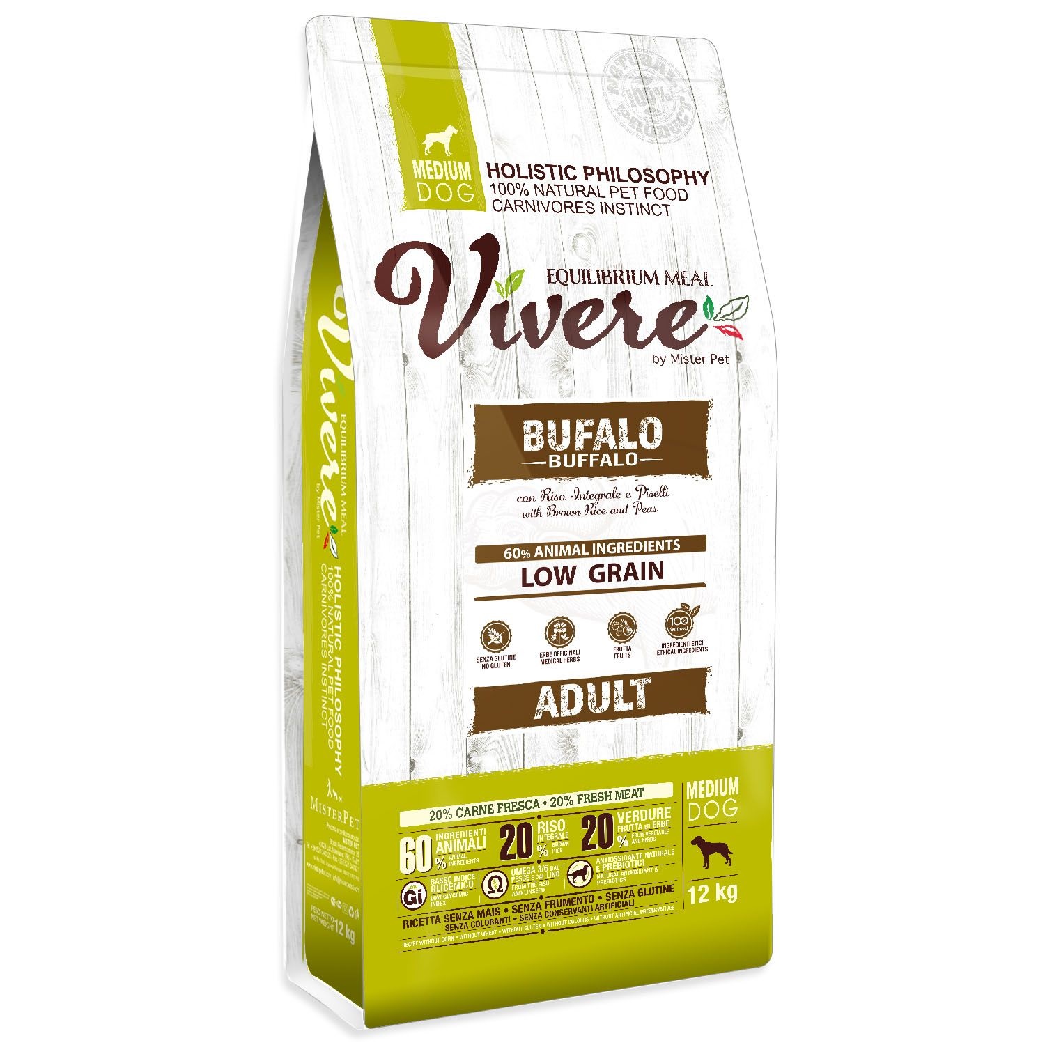 Vivere Cane Adulto Medium Bufalo, Riso Integrale &amp; Piselli 12 Kg