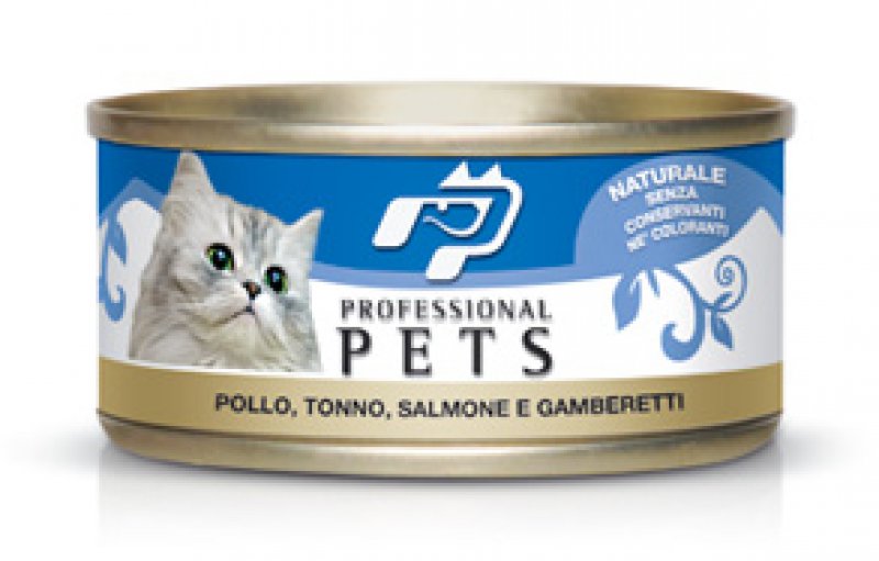 Pet Professional Gatto Adulto Pollo, Tonno, Salmone &amp; Gamberetti Lattina 70 Gr