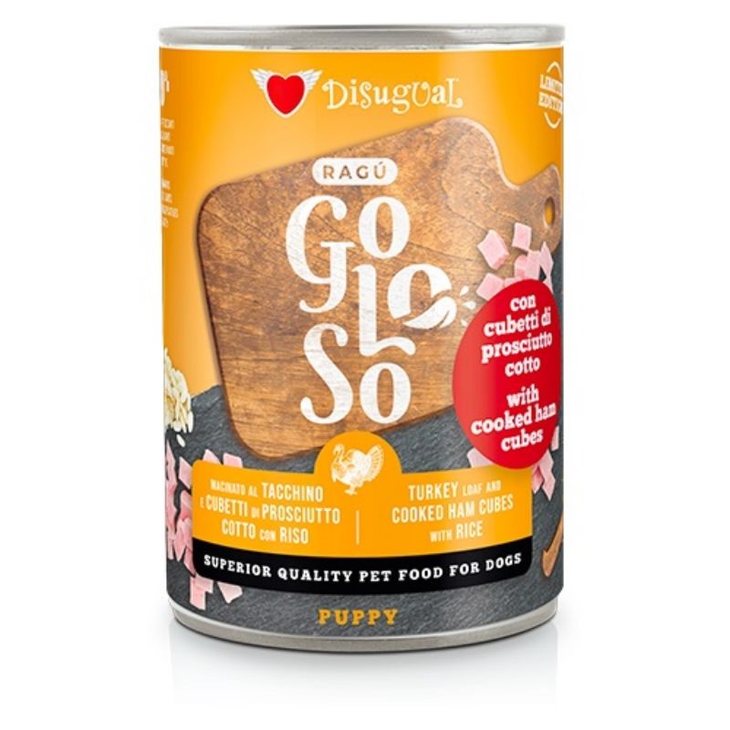 Disugual Cane Ragu' Goloso Puppy Tacchino, Cubetti Di Prosciutto Cotto &amp; Riso Lattina 400 Gr