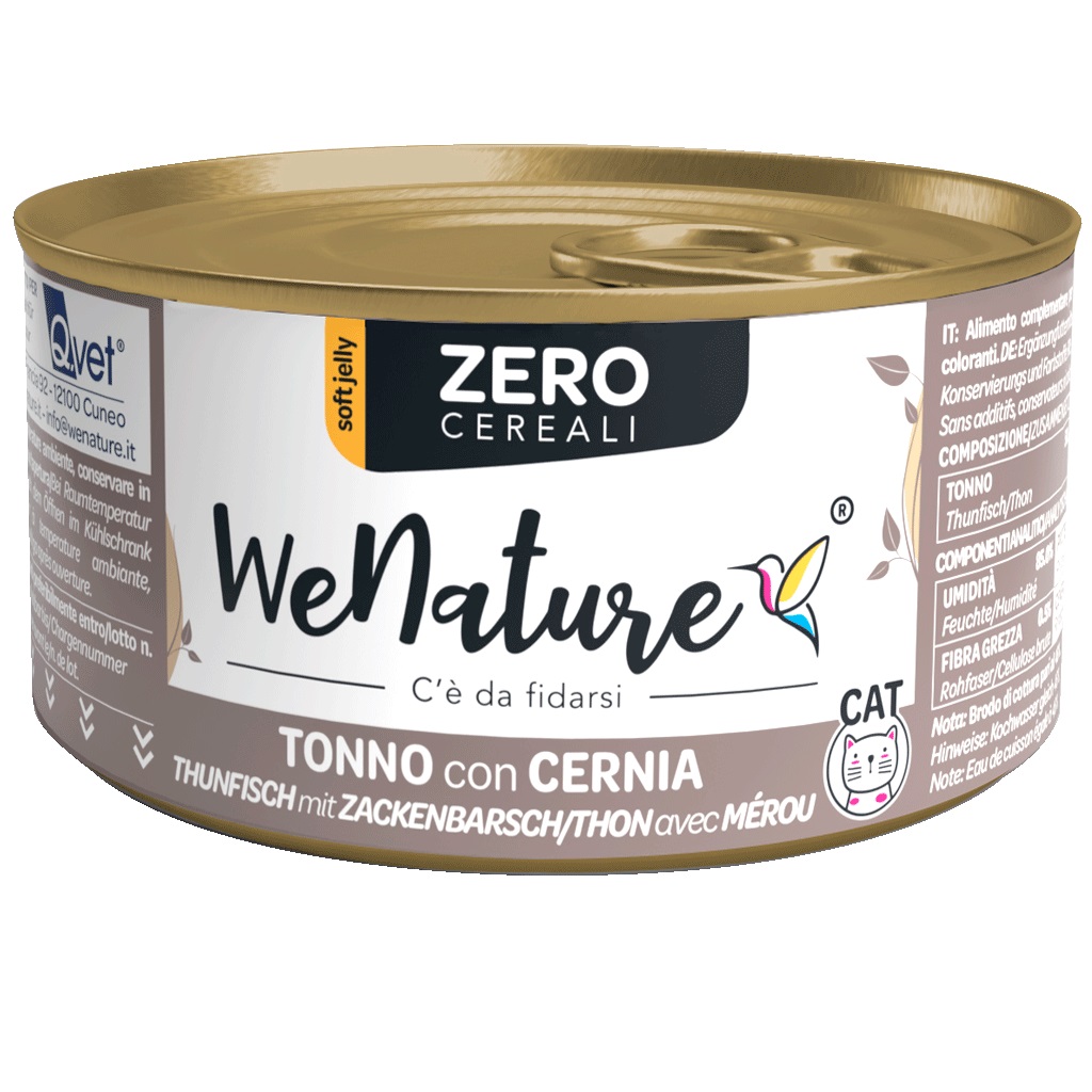 Wenature Gatto Zero Cereali Lattina In Jelly Adulto Tonno & Cernia 85 Gr